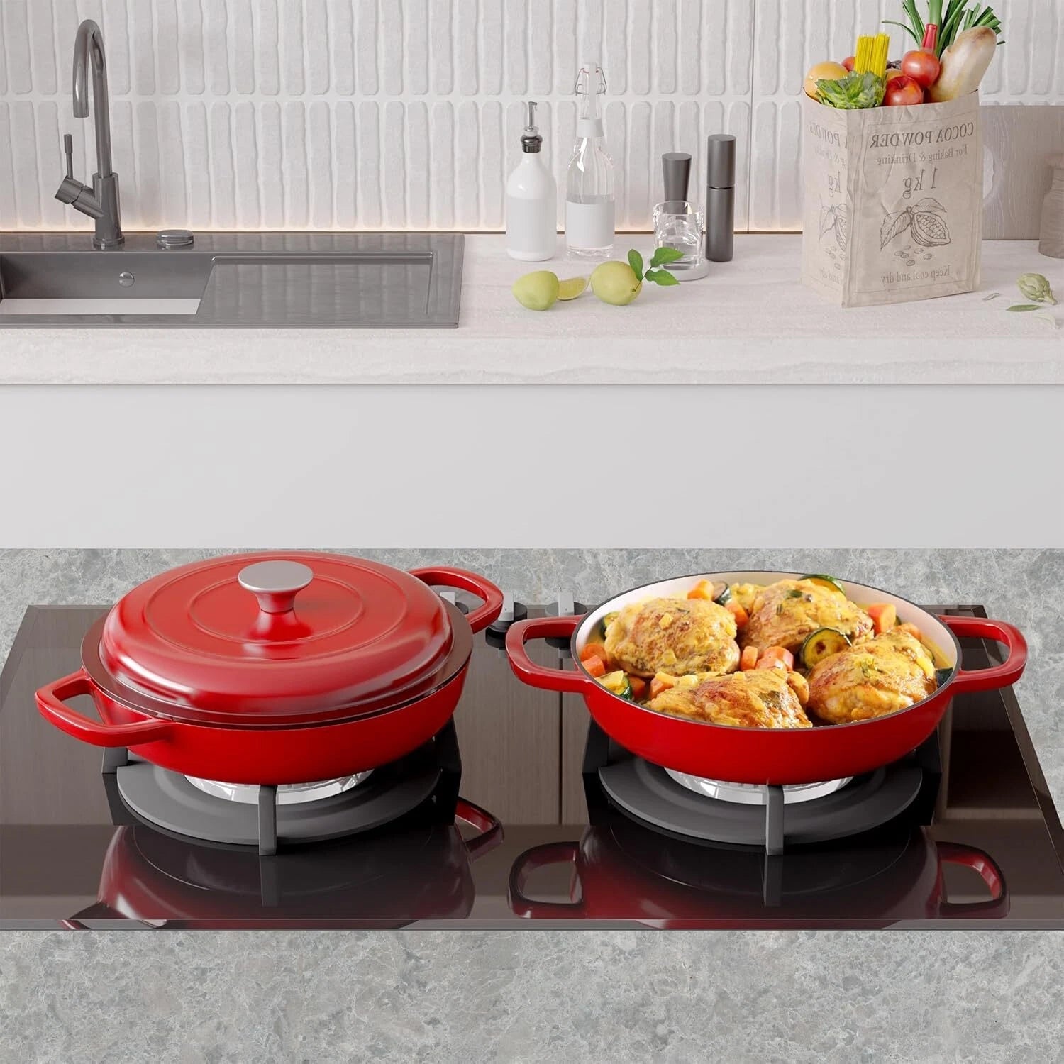 3-Quart Enameled Shallow Cast Iron Dutch Oven with Lid for All Stoves, Red 07FC0E-D4 - KOEEK