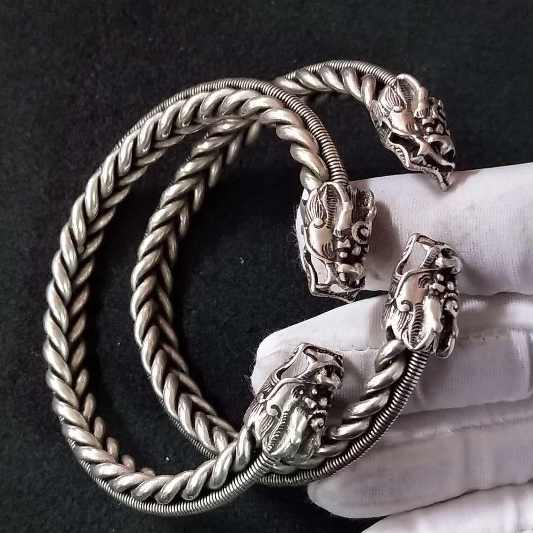 Collectable Old Chinese Tibet Silver handCarved Dragon head Bracelet 07FC0E-D4 - KOEEK
