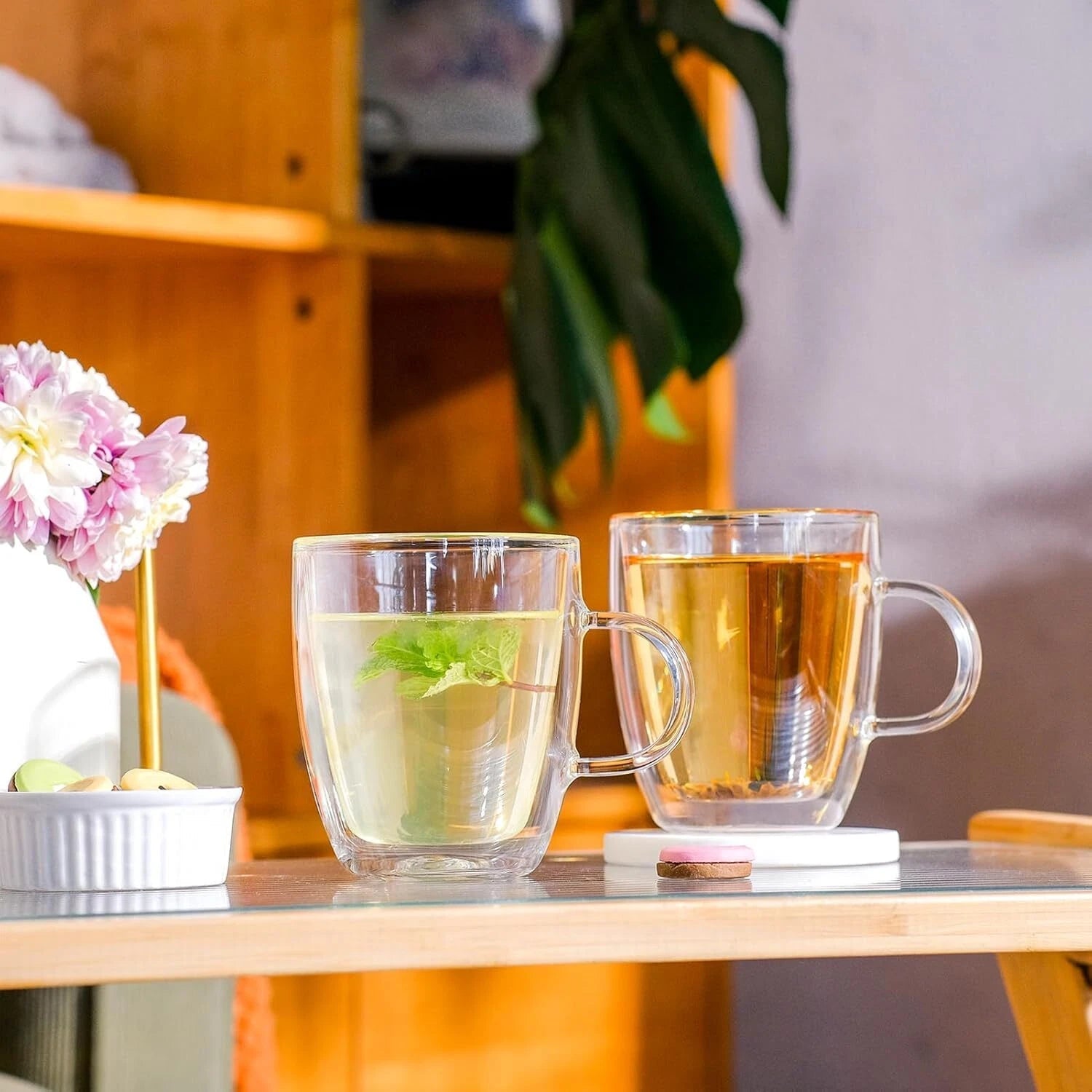 Double Wall Insulated Glass Coffee Mugs set of 4-13.5 oz Clear Hand Blown Glass 07FC0E-D4 - KOEEK