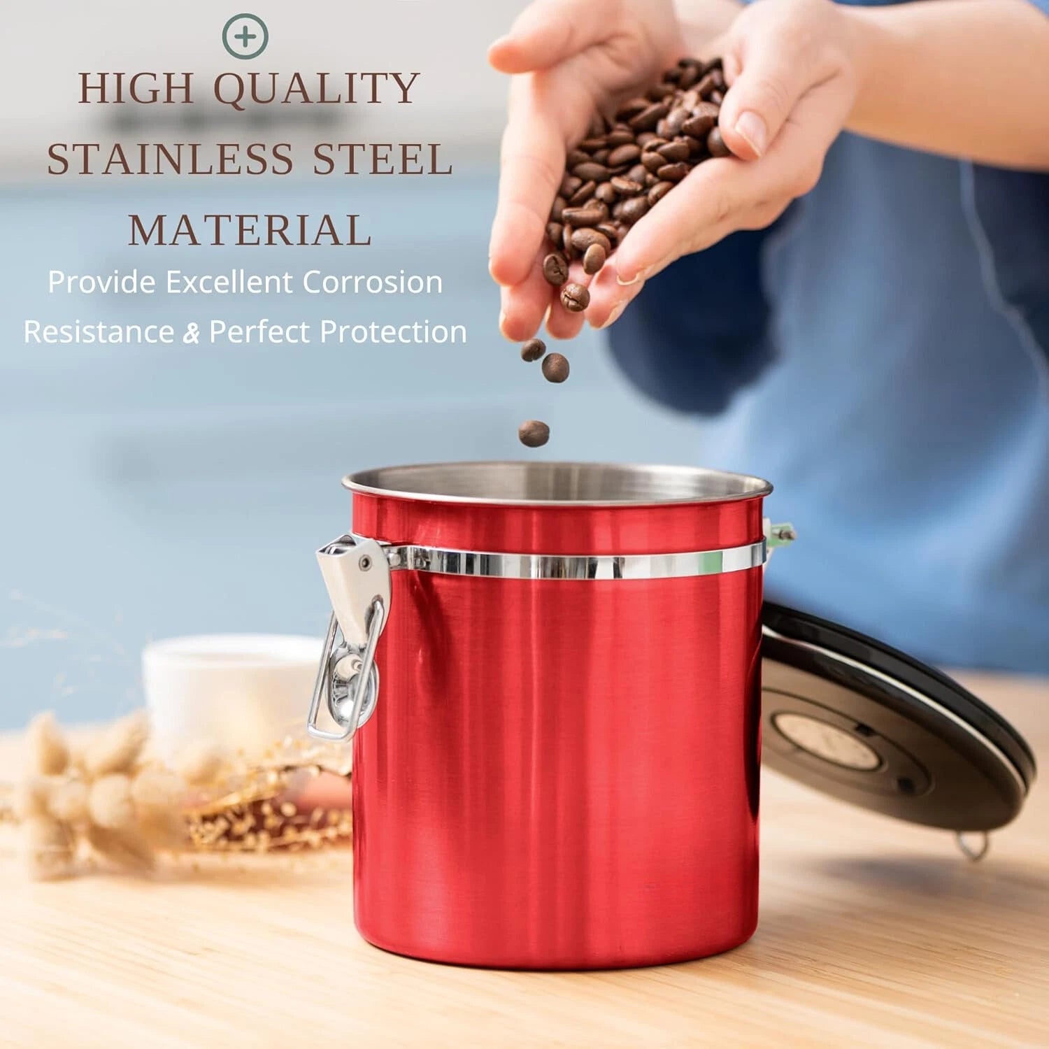 16 Oz Coffee Canister Red, Stainless Steel Airtight Coffee Container, Ground 07FC0E-D4 - KOEEK