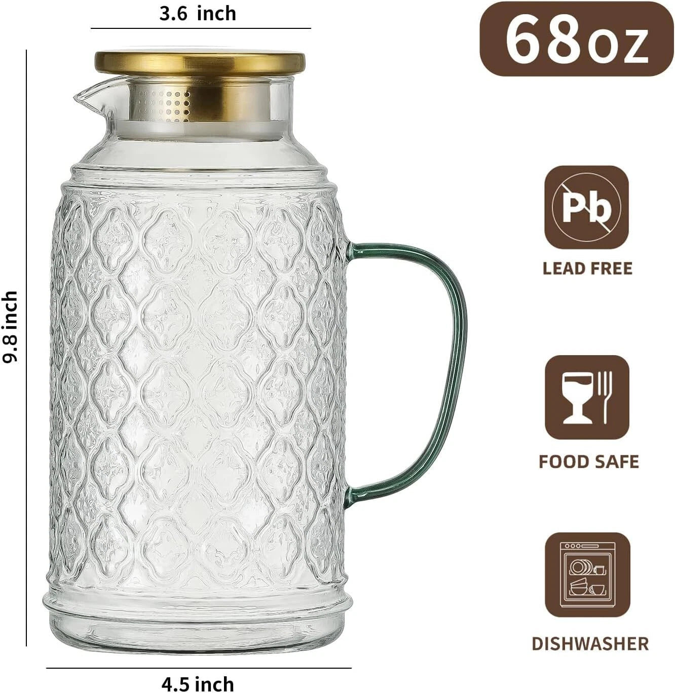 Glass Pitcher with Lid, 2 PACK 68 oz/2 Liter Vintage Water Pitcher, Clear 07FC0E-D4 - KOEEK