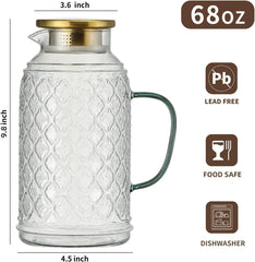 Glass Pitcher with Lid, 2 PACK 68 oz/2 Liter Vintage Water Pitcher, Clear 07FC0E-D4 - KOEEK