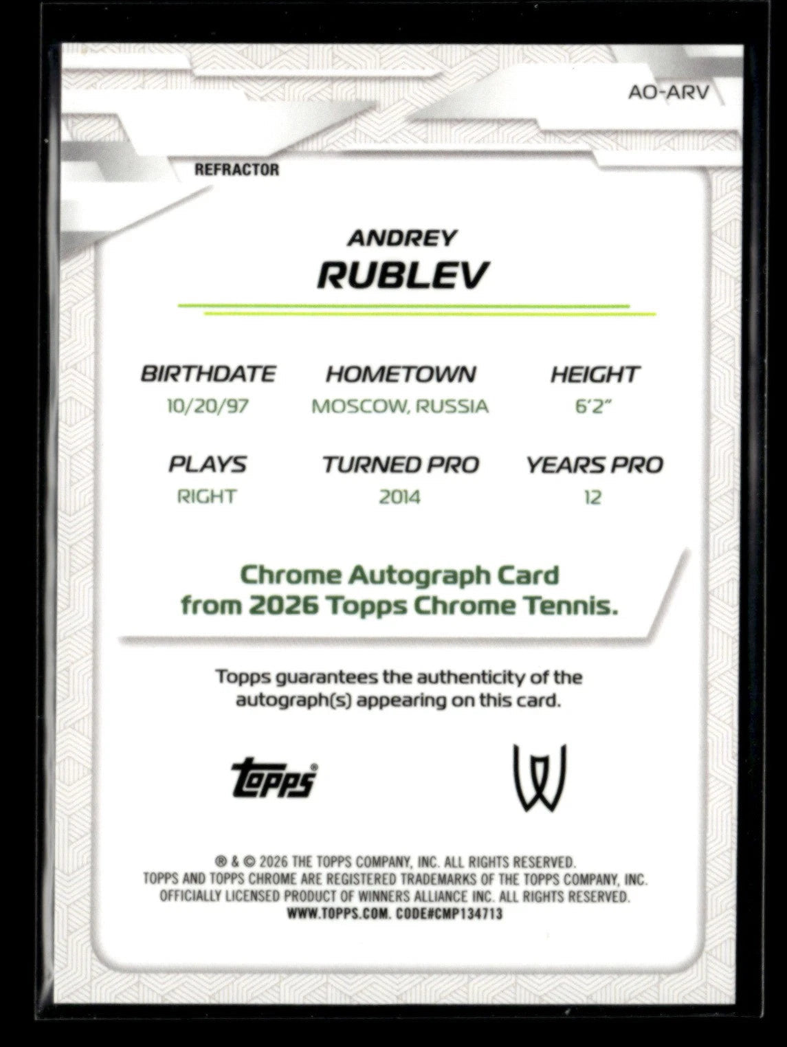 Andrey Rublev 2026 Topps Chrome Tennis Autograph I Refractor #AO-ARV [don137 07FC0E-D4 - KOEEK