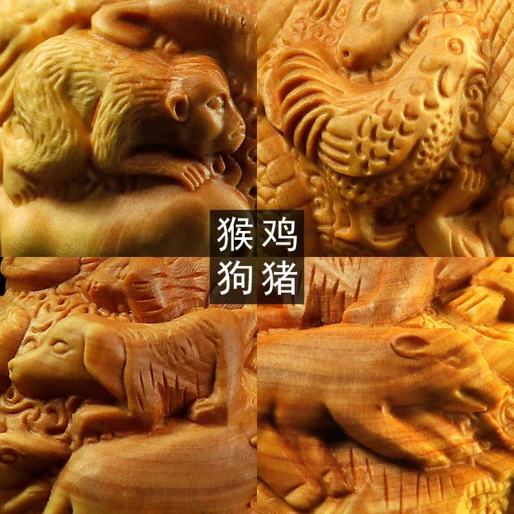 Boxwood Zodiac Carved Ball Handheld Ornament Wooden Craft Gift Decor 1 Pair 07FC0E-D4 - KOEEK