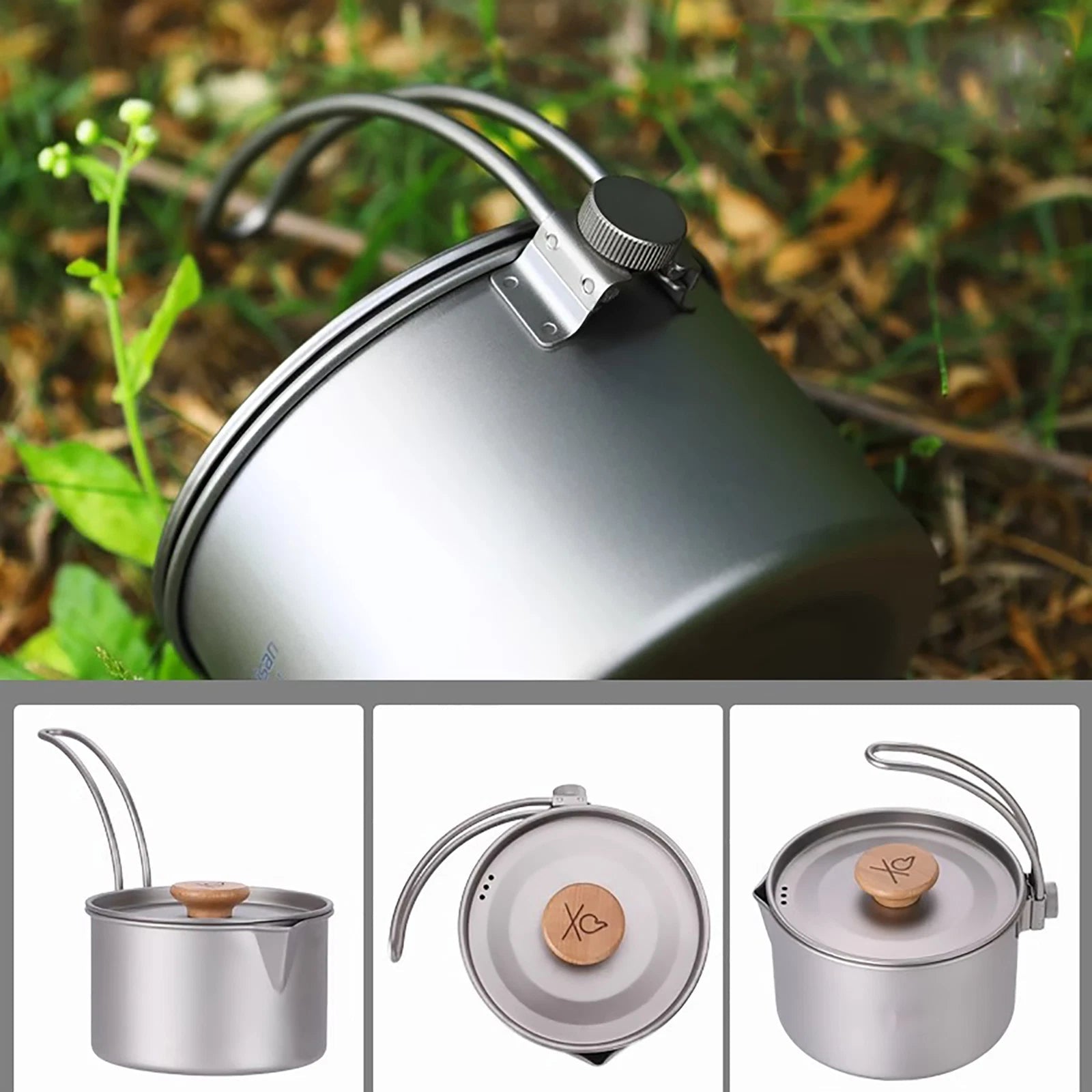 Titanium 1100ml Pot with Lid & Hanger Mug Foldable Handles for Backpacking Camp 07FC0E-D4 - KOEEK