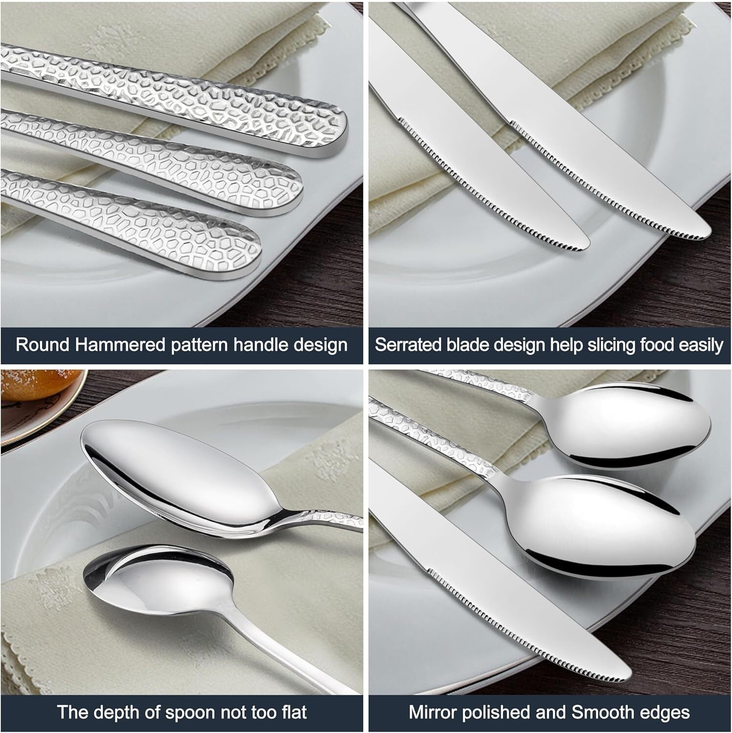used HaWare Hammered Silverware Set, 40-Piece Stainless Steel Flatware Set Silver