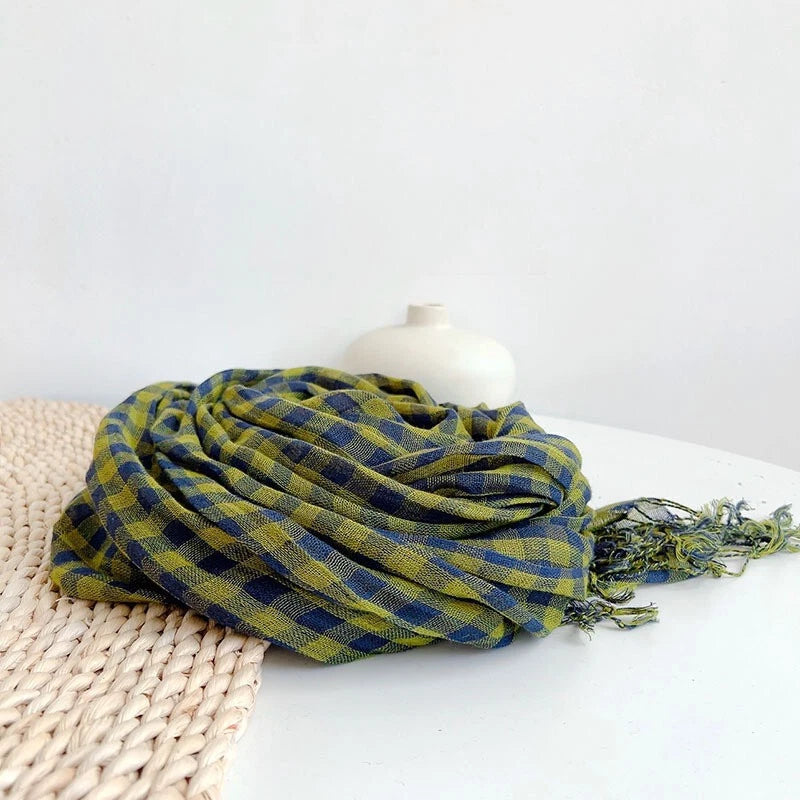 Mens Flax Linen Scarf Green Plaid Breathable Unisex Stole Shawl Neckerchief 07FC0E-D4 - KOEEK