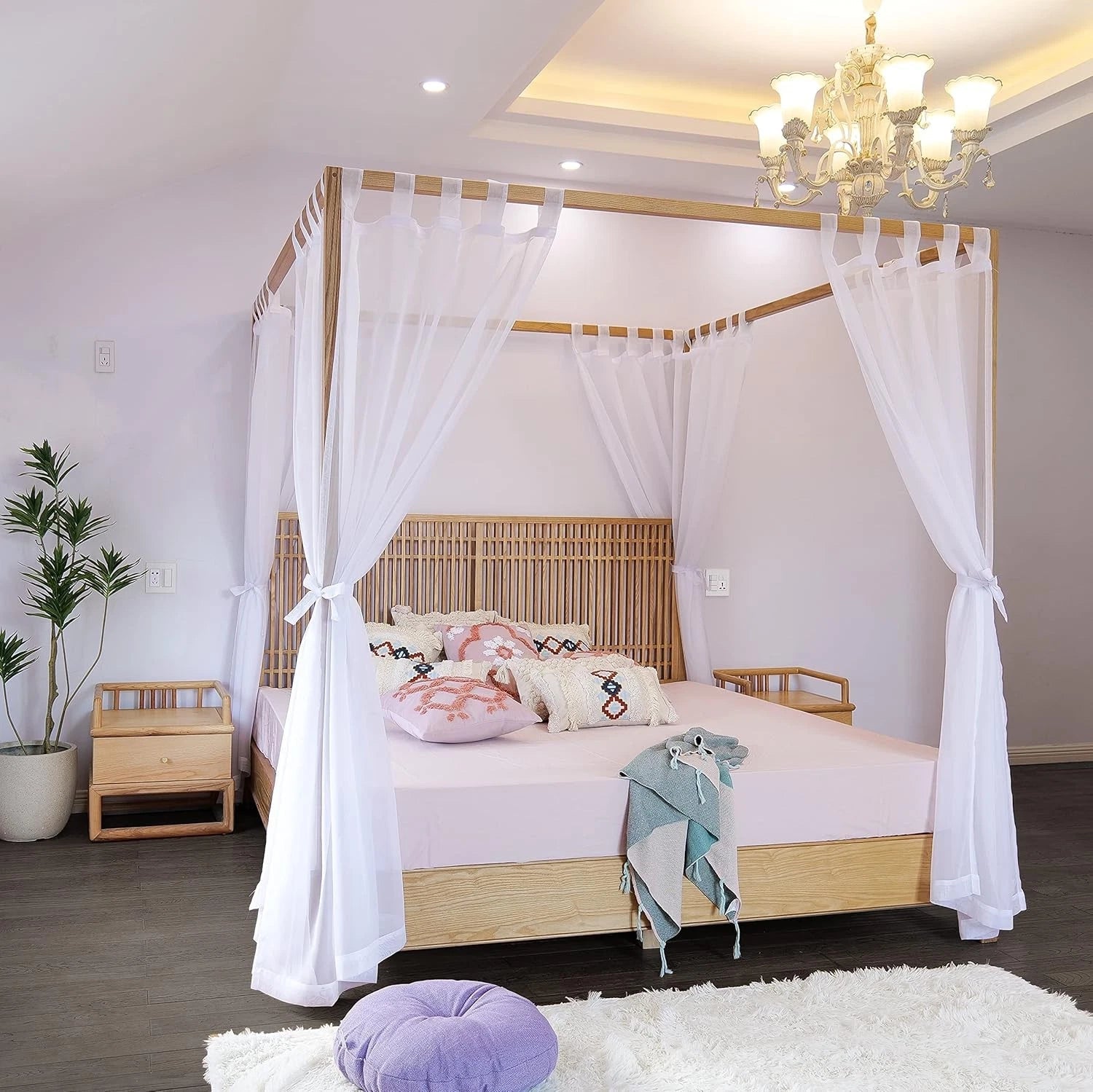 Sheer Canopy Bed Curtains for King, Queen, Full and Twin Bed, 4 Corner Bed 07FC0E-D4 - KOEEK
