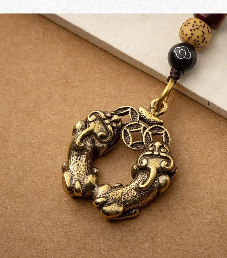 Double Bite Pi Xiu Brass Mobile Pendant U Disk Keychain Retro Unisex Handmade 07FC0E-D4 - KOEEK