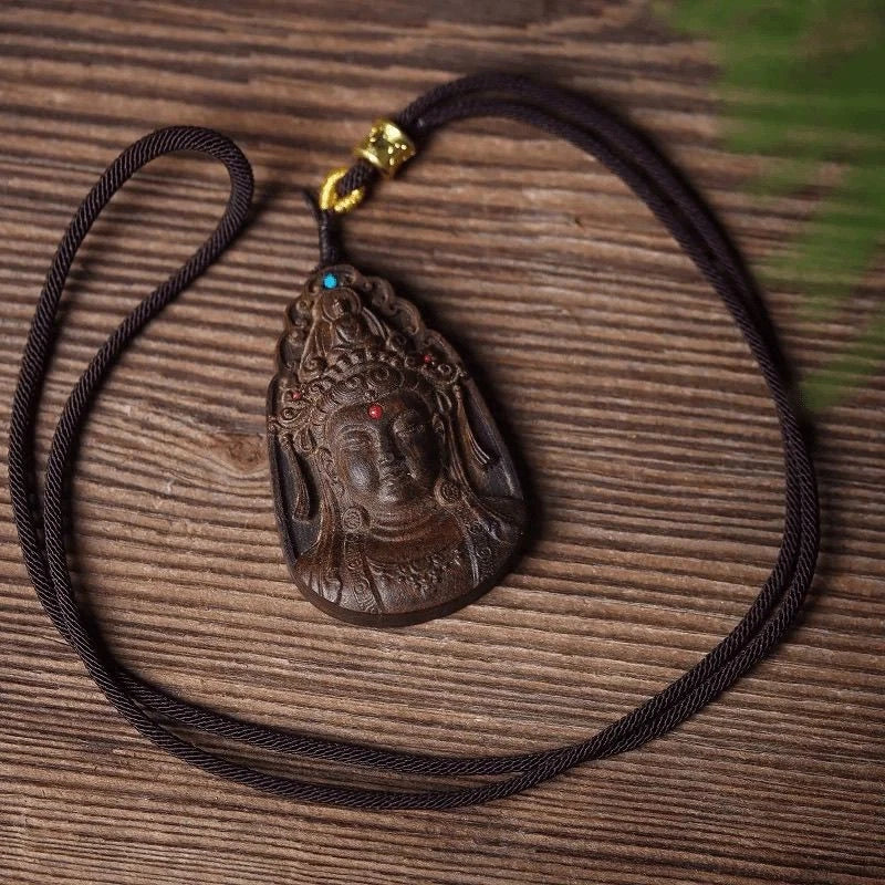 Woven Rope Godness Guanyin Necklace Natural Wood Buddha  Blessing Pendant 07FC0E-D4 - KOEEK