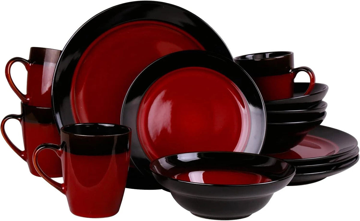 Round Stoare Two Tone Dinnerware Set, 16 Piece, Bright Red and Black 07FC0E-D4 - KOEEK