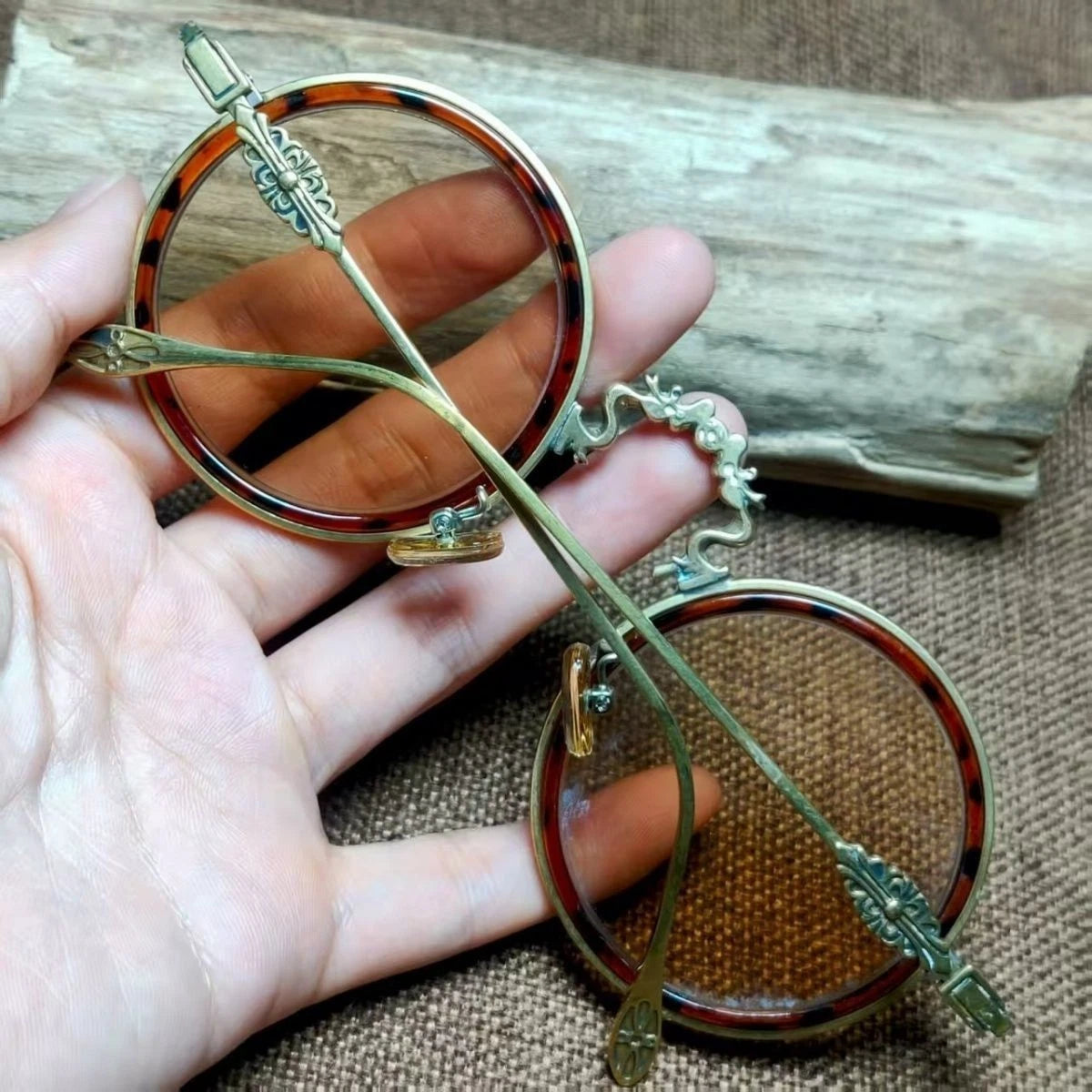 Vintage Chinese Crystal Round Glasses Tea Tint Copper Frame Eyewear Sunglasses 07FC0E-D4 - KOEEK
