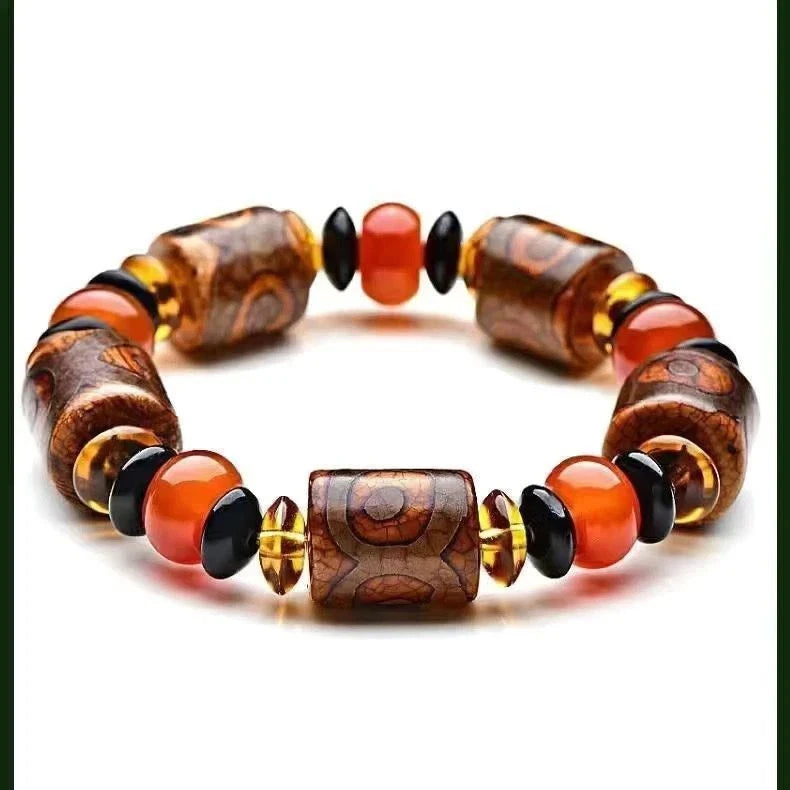 Tibetan Dzi Bead Bracelet Swastika Three Eye Agate Carnelian Unisex Prayer Beads 07FC0E-D4 - KOEEK