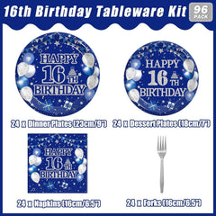 96-piece 16th birthday party tableware set, blue and silver theme