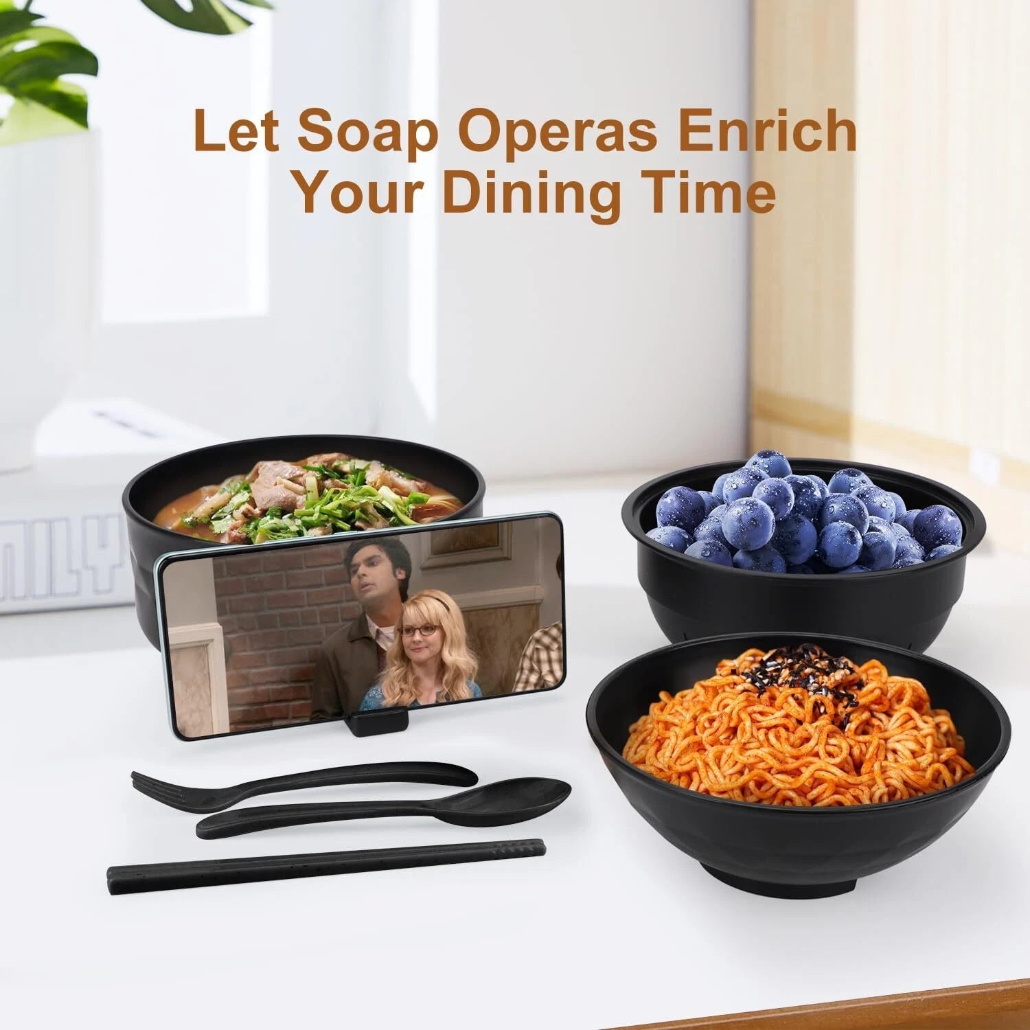 Microwave Ramen Noodle Bowl Set with Chopsticks, Spoon, Fork – 32 oz Portable 07FC0E-D4 - KOEEK
