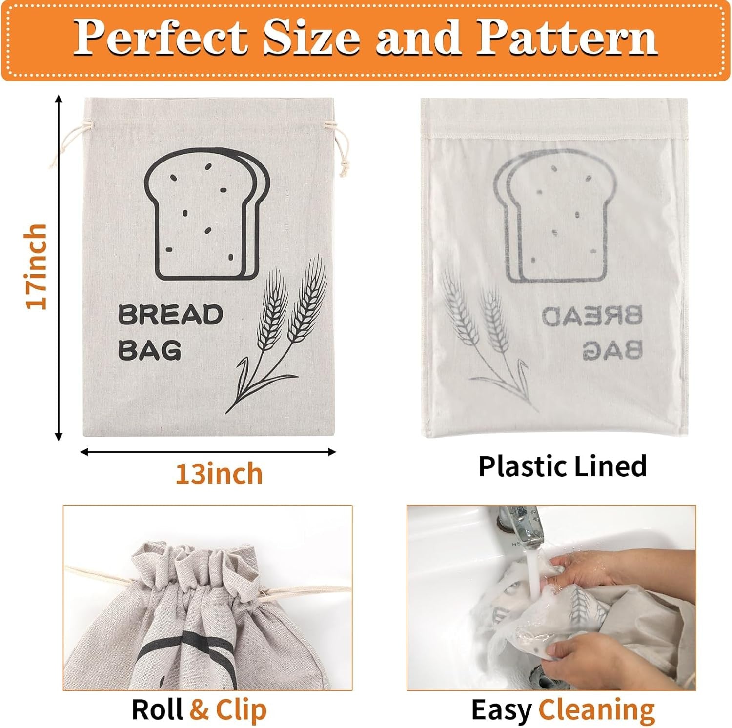 new Linen Bread Bags, 2 Pack - Plastic Lined, Reusable One Size, ivory white