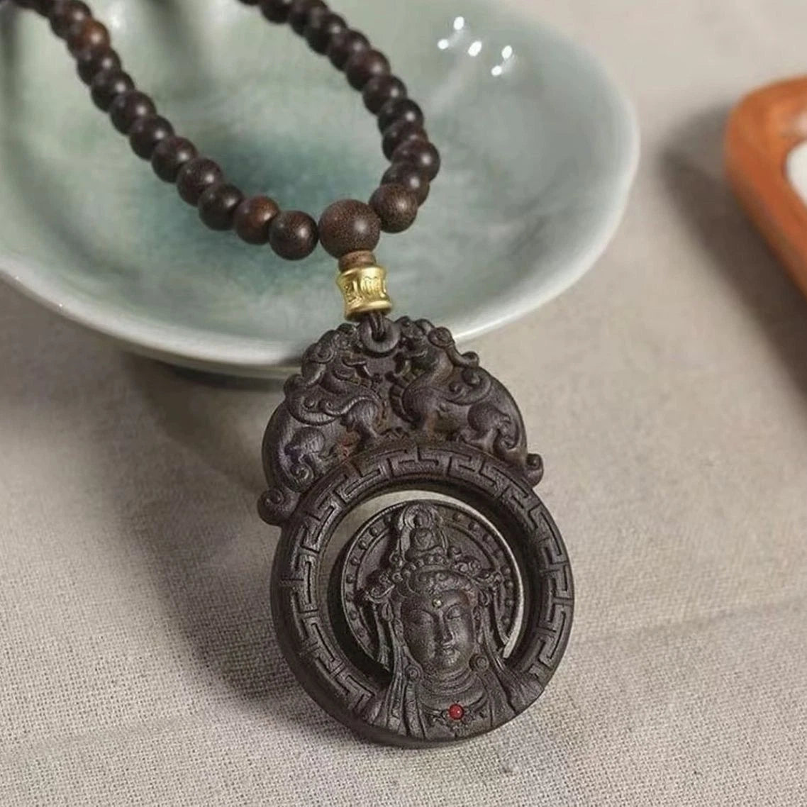 Nha Trang Agarwood Double Sided Pixiu Guanyin Pendant Necklace Car Hang Charm 07FC0E-D4 - KOEEK