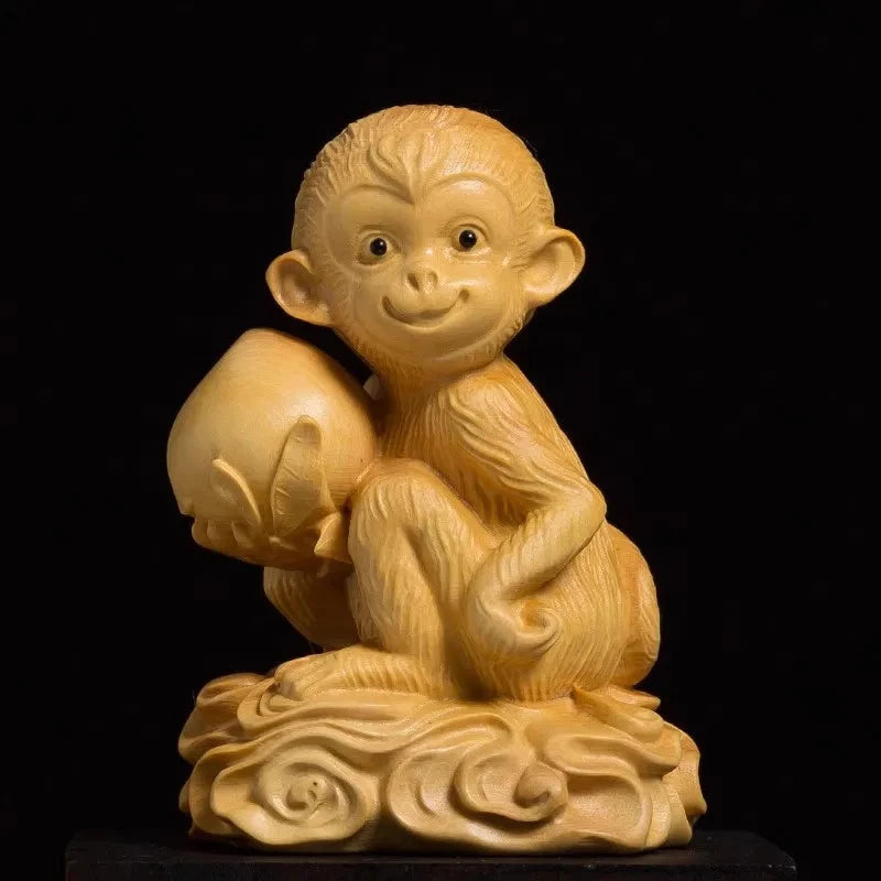 9cm Exquisitely Boxwood Handcarved Cute Monkey Holding Peach Tea Pet Ornament 07FC0E-D4 - KOEEK