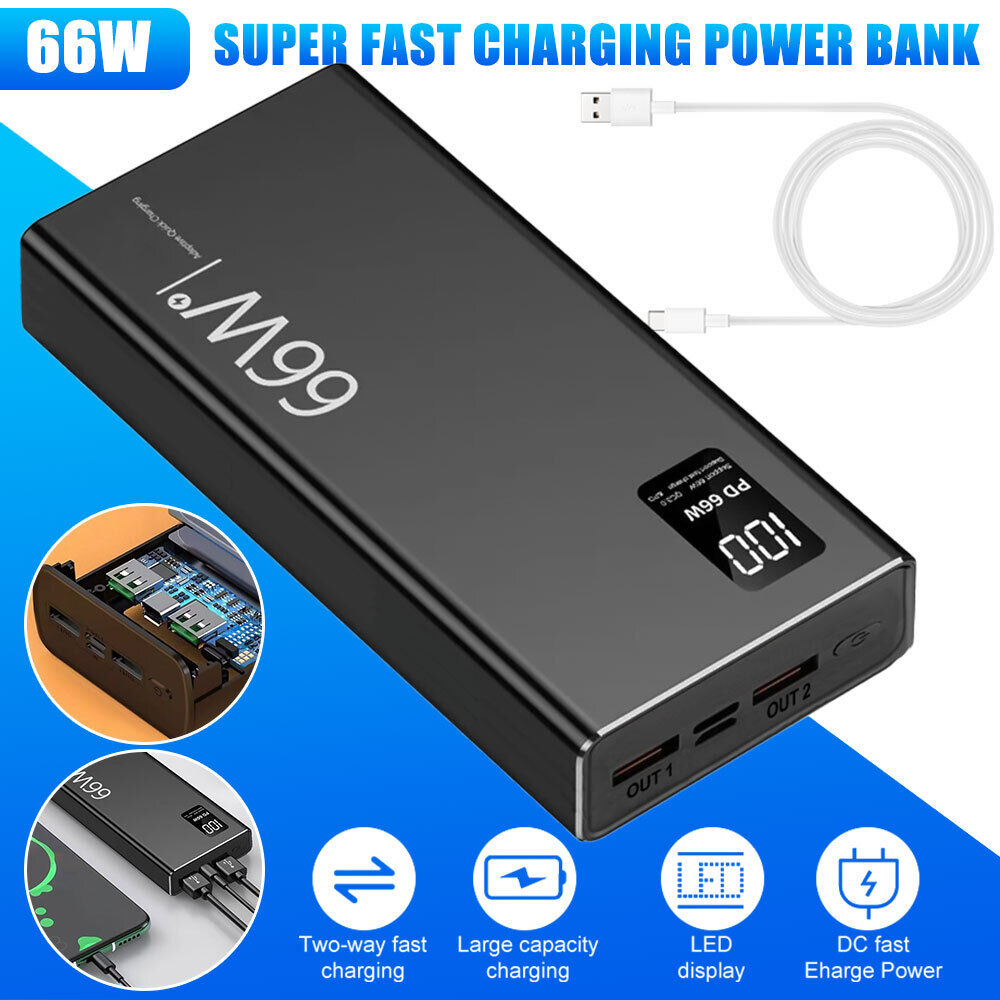 ny 1-2X 30000mAh 66W Power Bank bærbar PD 20W hurtiglader 2USB eksternt batteri