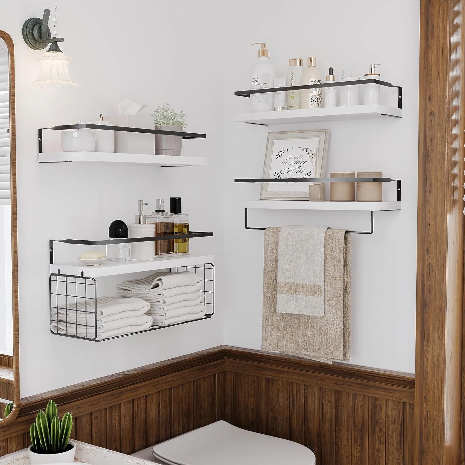 Wall Mounted White Wooden Floating Shelf -Rustic Bathroom Wall Shelves, Set of 4 07FC0E-D4 - KOEEK