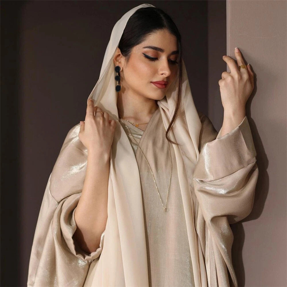 Dubai Women Muslim Batwing Sleeve Satin Open Abaya Cardigan Dress Dress Turkey 07FC0E-D4 - KOEEK