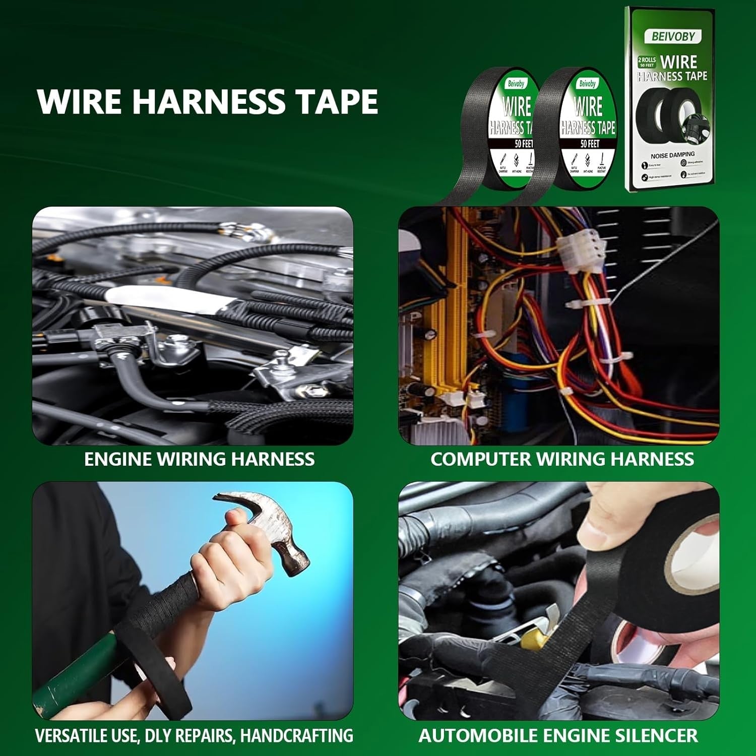 new 2 Rolls Automotive Wire Harness Tape, 50 Feet, High Temp Self-Adhesive Black 07FC0E-D4 - KOEEK