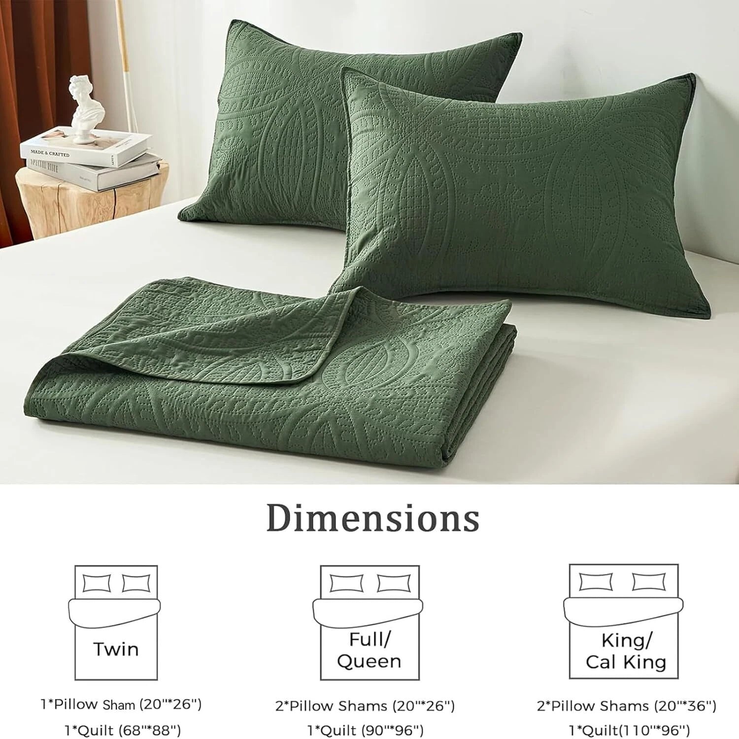 Queen Quilt Bedding Set,Olive Green Ultrasonic Full/Queen Quilt Set,Lightweight 07FC0E-D4 - KOEEK