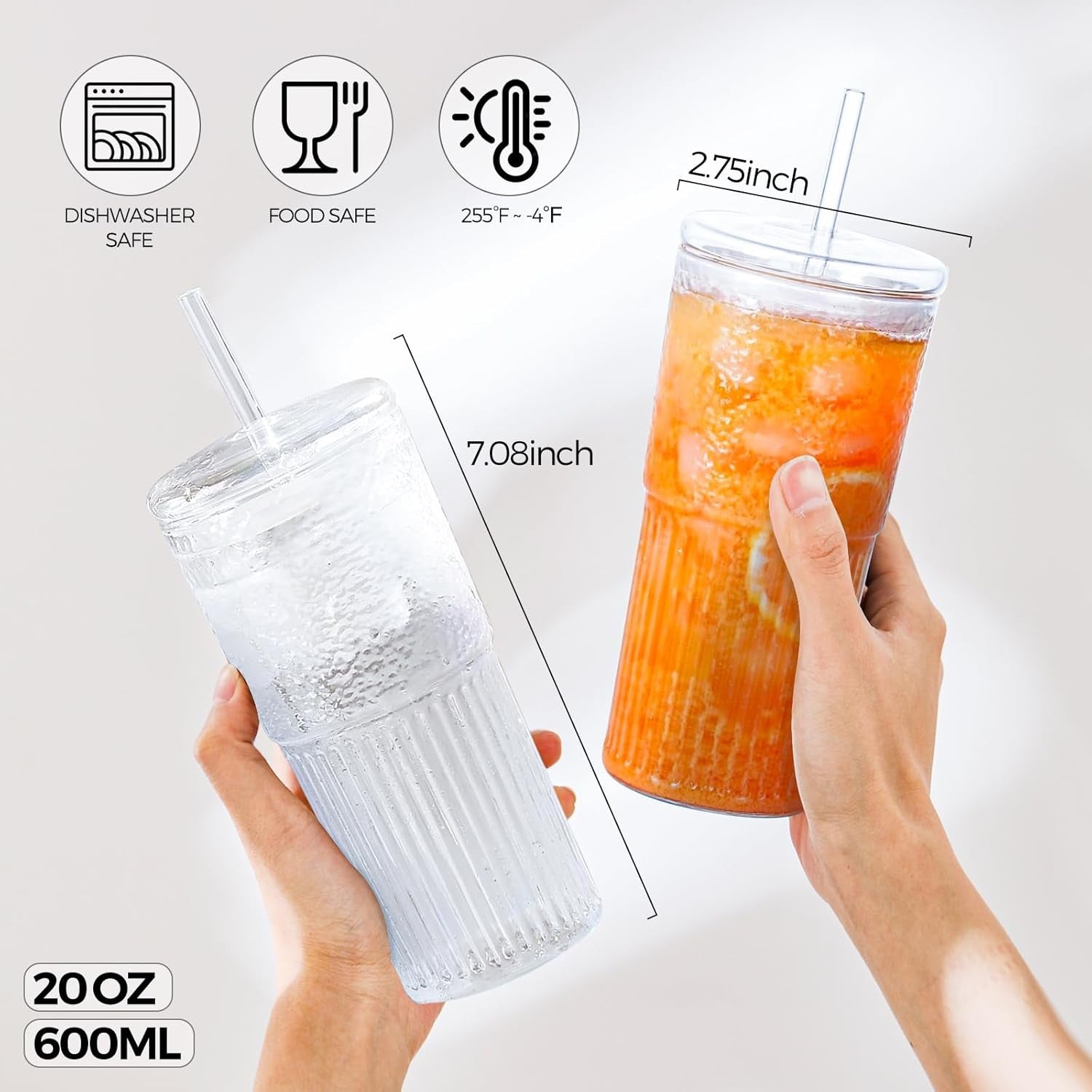 new 2PCS Glass Cups with Lids and Straws, 20OZ Iced Coffee 2pcs, Clear