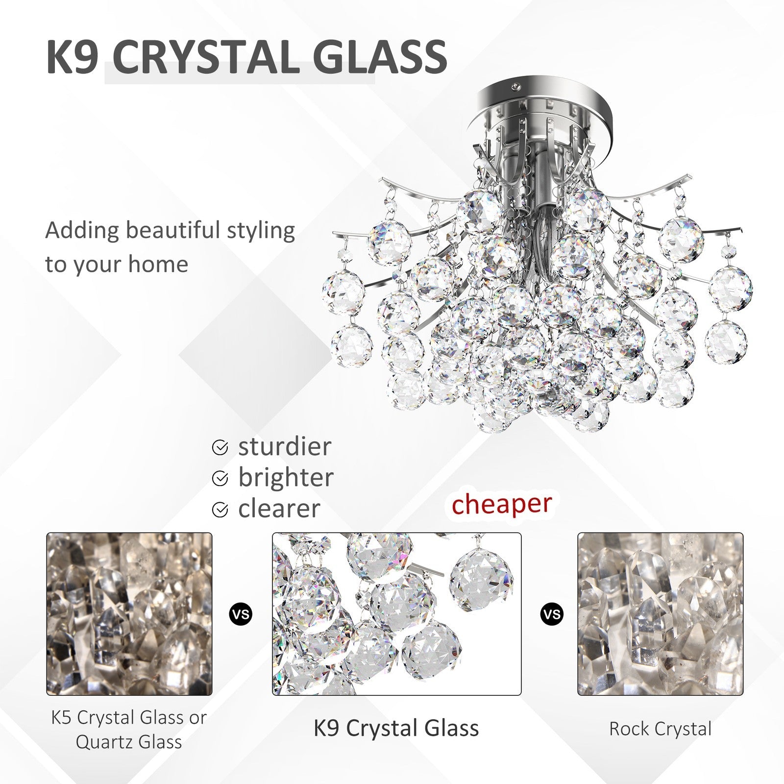 HOMCOM Modern K9 Crystal Chandelier Ceiling Lighting Pendant Lamp with 3 Light HOMCOM - KOEEK