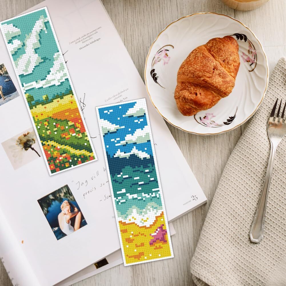 new INFUNLY 6pcs Scenery Cross Stitch Bookmark Kit DIY Beach Stamped blue INFUNLY - KOEEK