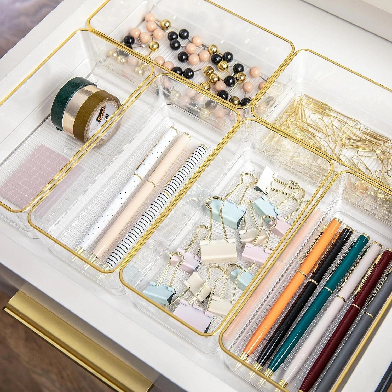 Kerry Plastic Stackable Office Desk Drawer Organizers, 6" x 3", 6 Pack,Gold Trim 07FC0E-D4 - KOEEK