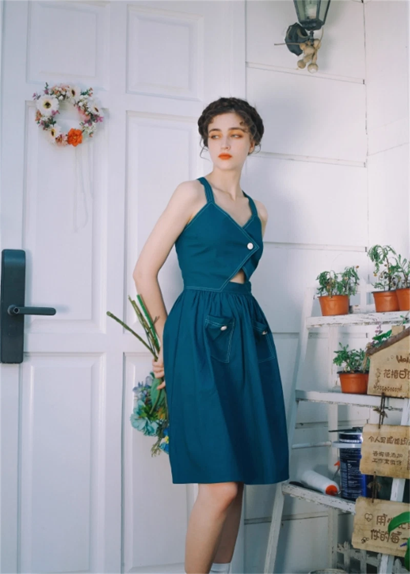 Movie Lolita V-neck Dress Jeans Blue Suspender Dress Cute Girl Summer Cosplay 07FC0E-D4 - KOEEK