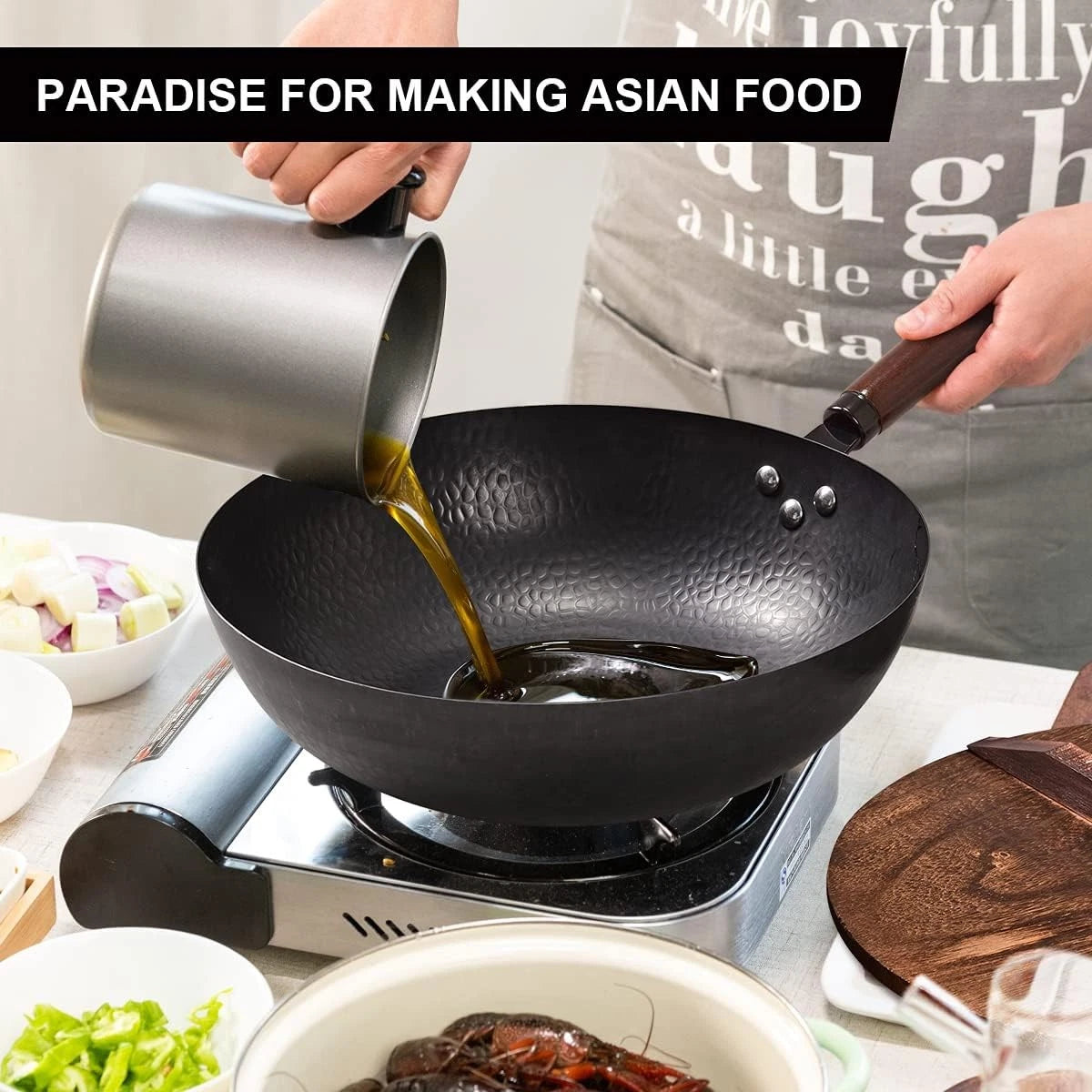 12.8" Carbon Steel Wok-11Pcs Woks & Stir Fry Pans Wok Pan with Lid 07FC0E-D4 - KOEEK