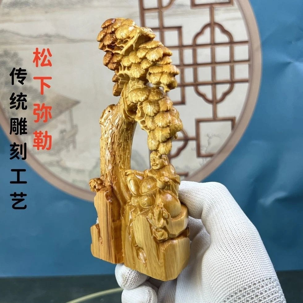 Cai Bai Wood Carved Laughing Buddha Figurine Under Tree Home Décor Chinese Style 07FC0E-D4 - KOEEK