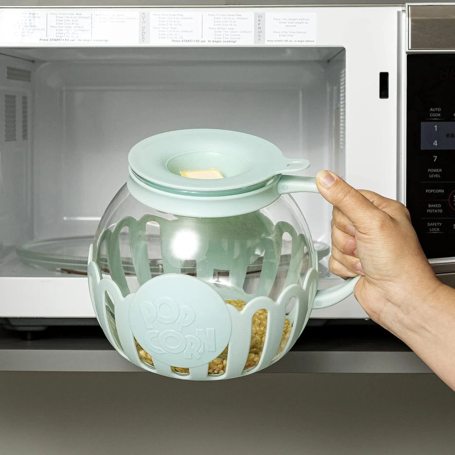 Microwave Popcorn Maker with Glass, 3-in-1 Lid, Melted Butter,3-Quart,Aqua Green 07FC0E-D4 - KOEEK