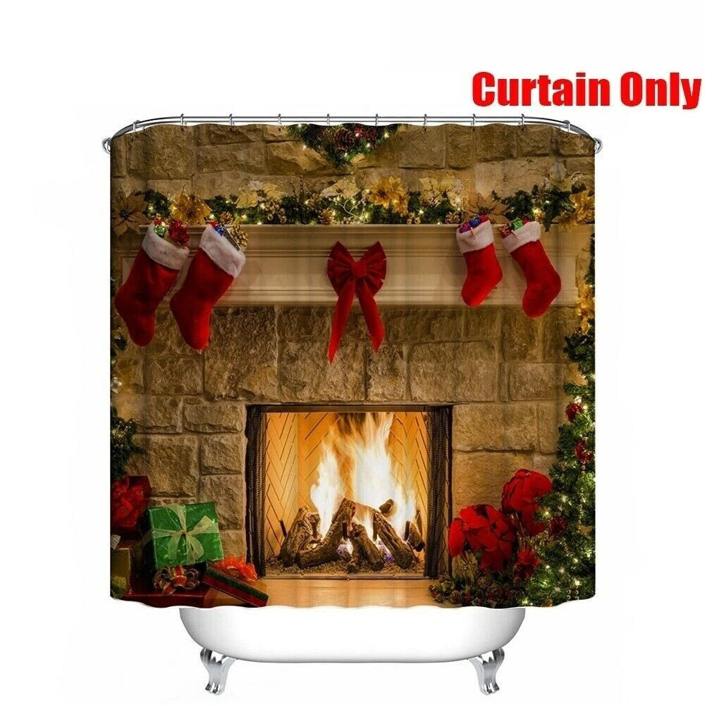 Chrismas Fireplace Shower Curtain Bath Rug Toilet Seat Cover Bathroom Set Decor 07FC0E-D4 - KOEEK