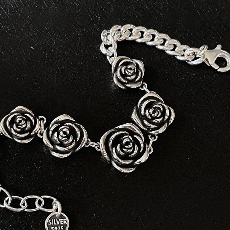 925 Sterling Silver Vintage Roses Flower Chain Bracelet Trendy Style  Bangle 07FC0E-D4 - KOEEK