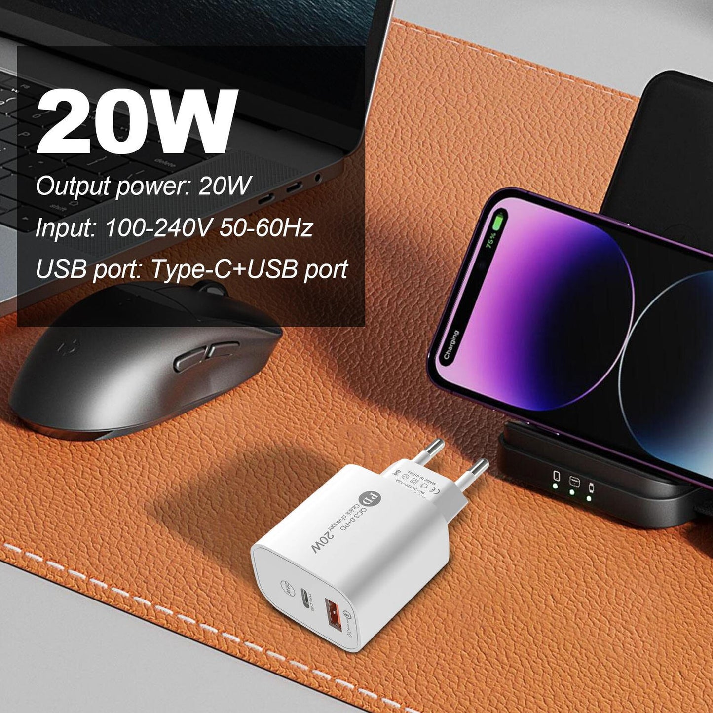 new PD20W USB A and Type C Fast Charging Block Double USB Plug QC3.0 Power Cube koeek - KOEEK