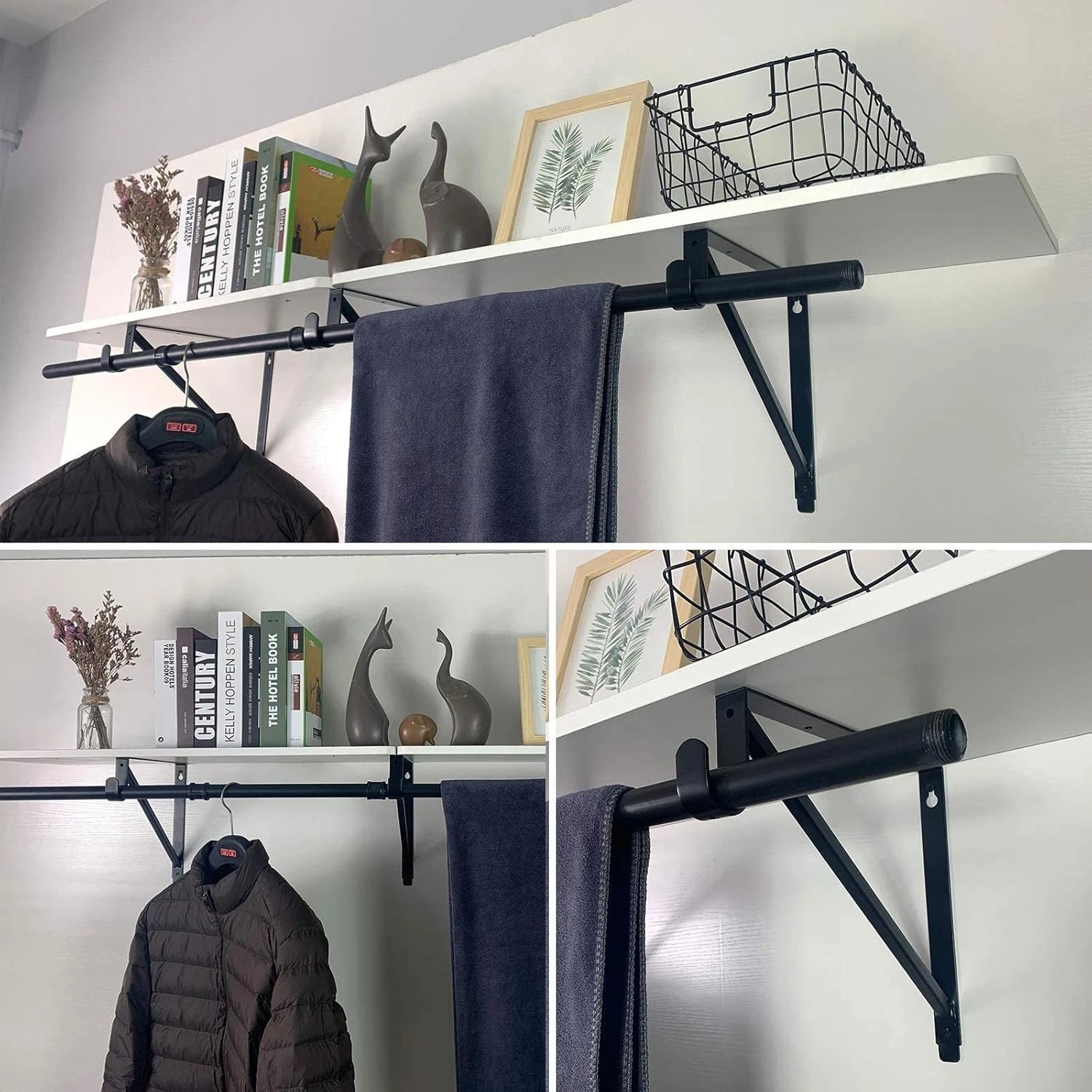 2-piece heavy-duty wardrobe shelf and clothes rail bracket, black steel 07FC0E-D4 - KOEEK