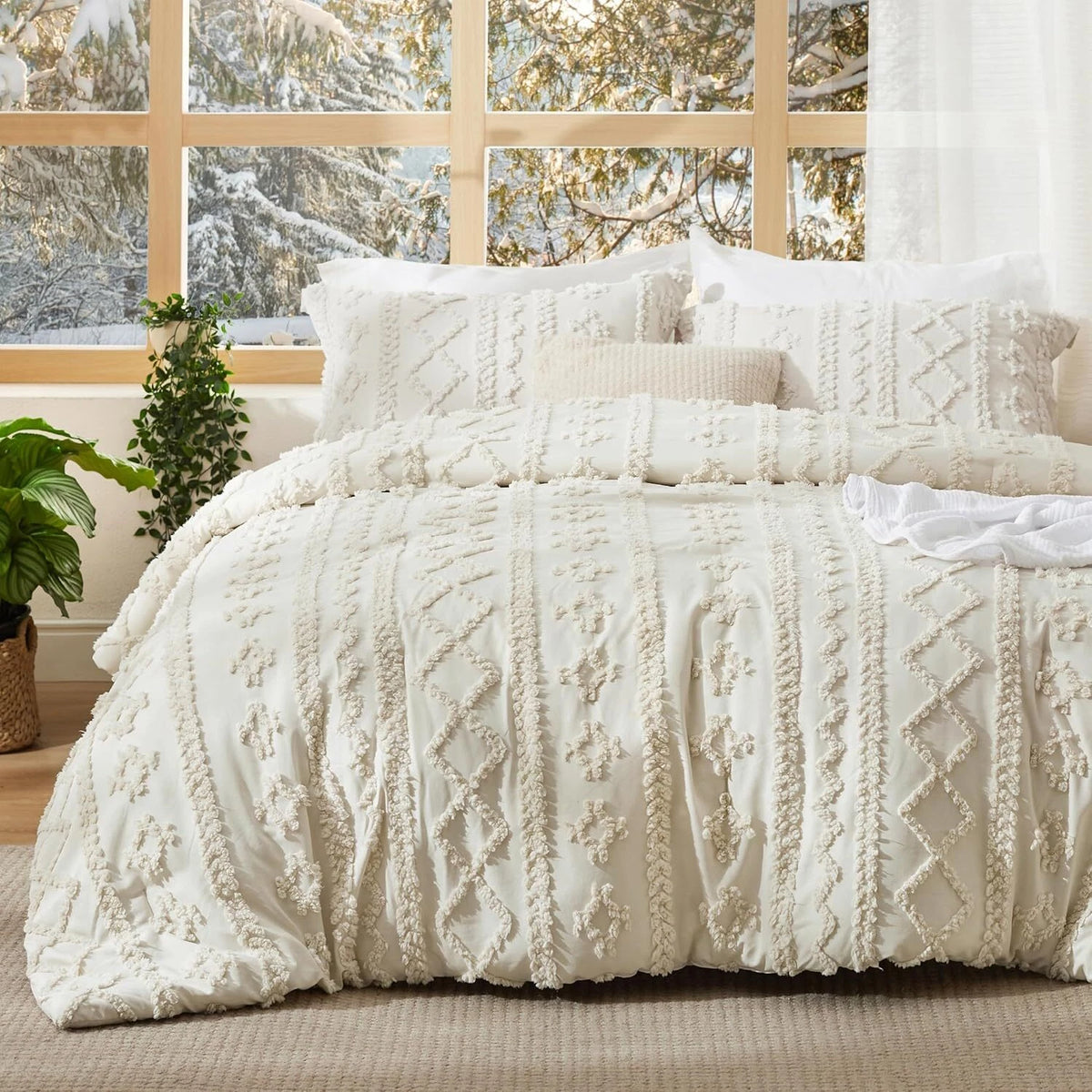 Tufted Bohemian Comforter Set King Size - 3 Piece Set for All Seasons