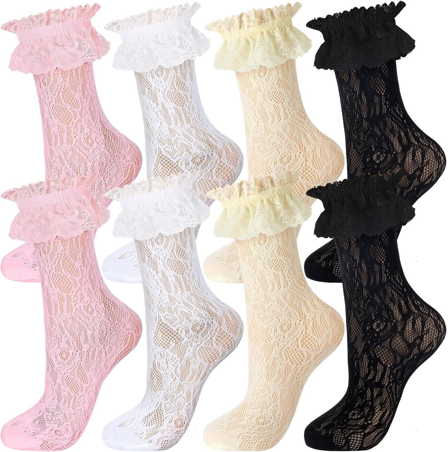 new Geyoga 4 Pairs Lace Ruffle Frilly 7-11, Black, White, Pink, Light Yellow 07FC0E-D4 - KOEEK