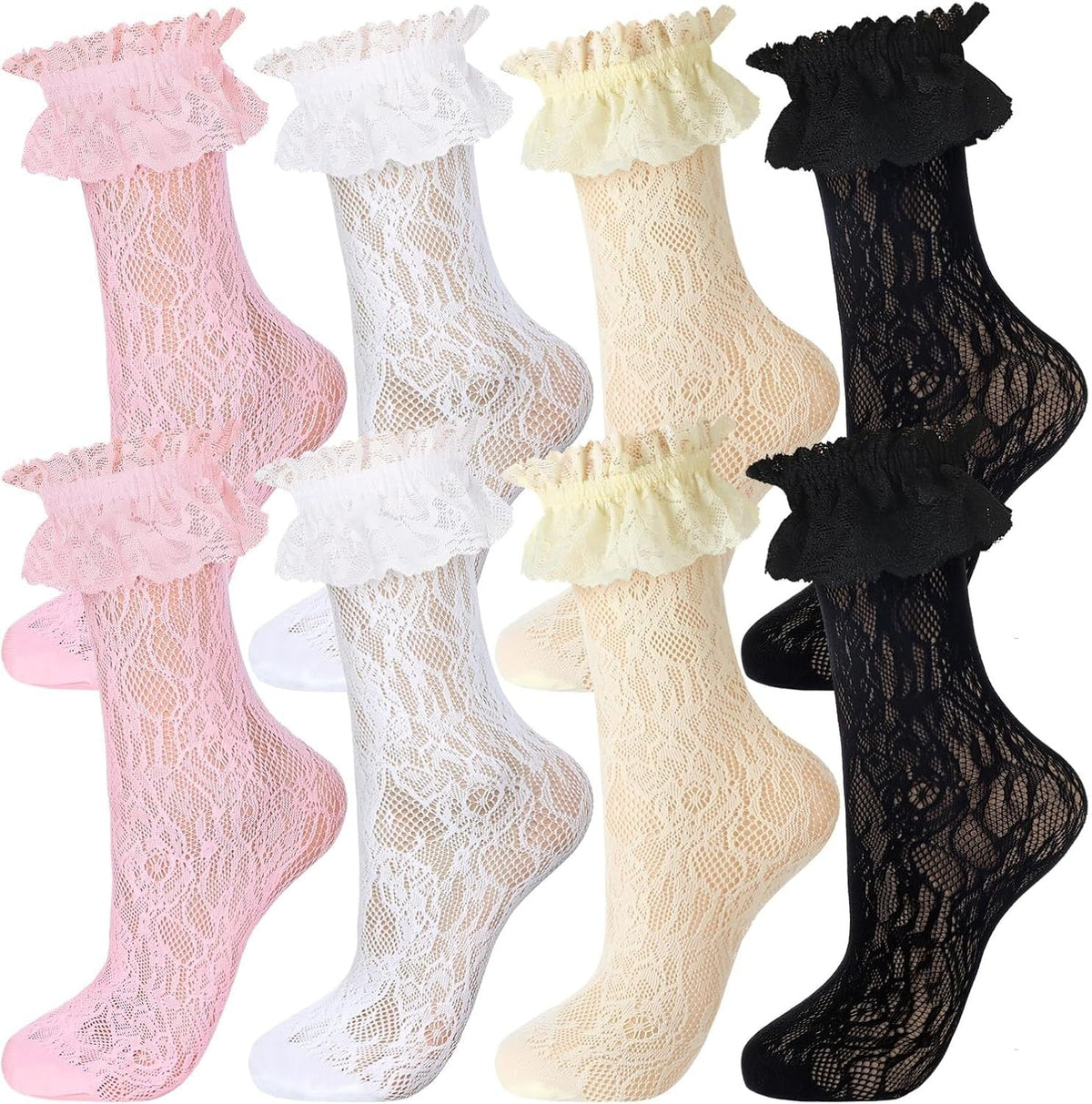 new Geyoga 4 Pairs Lace Ruffle Frilly 7-11, Black, White, Pink, Light Yellow 07FC0E-D4 - KOEEK