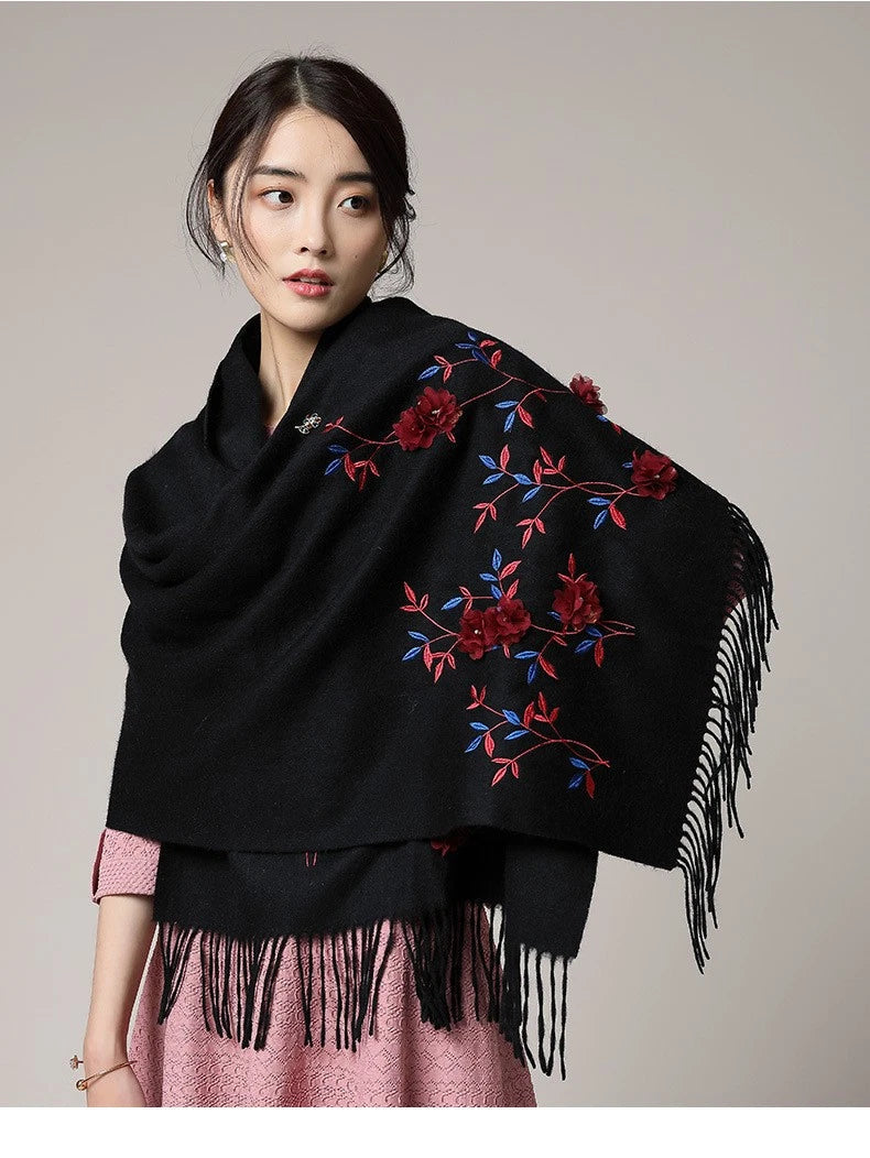 Womens soft Cashmere Scarf Bandana 3D Pink Flower Embroided Cape Shawl Pashmina 07FC0E-D4 - KOEEK