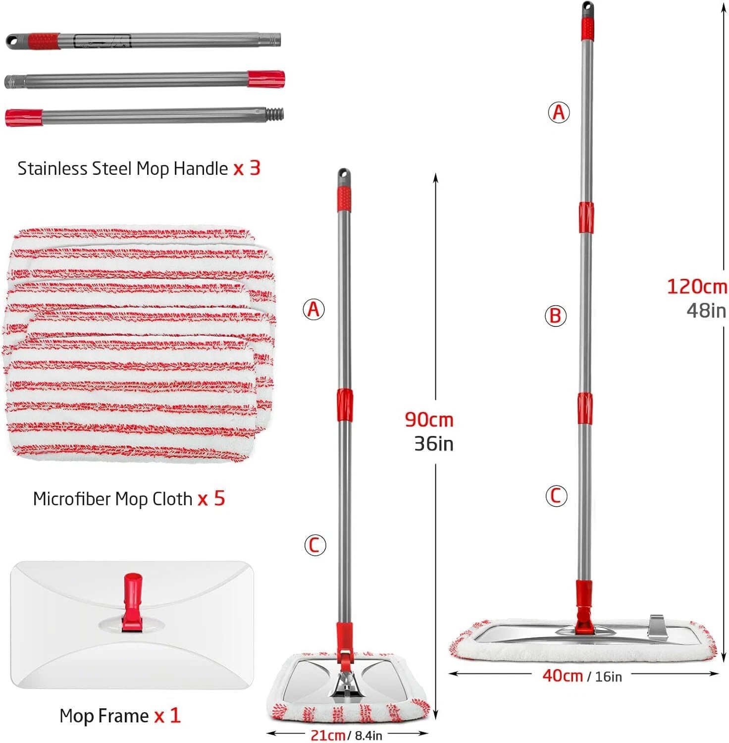 Extra Large Microfiber Floor Cleaning Mop, 16” Flat Mop, Red 07FC0E-D4 - KOEEK