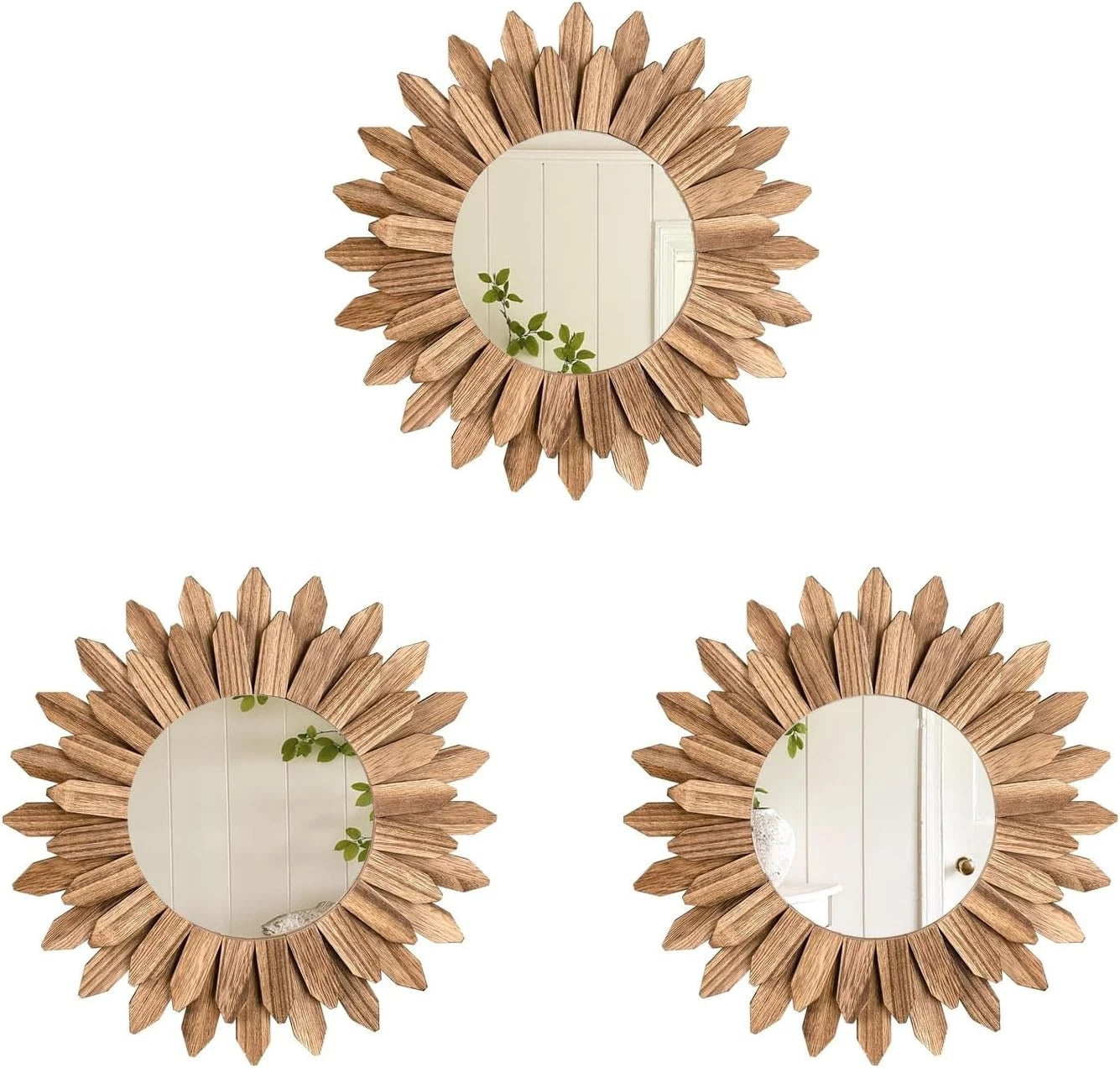 Boho Wall Decor Sunburst Mirror 3 Pack Rustic Round Wood Mirror 12 inch Mirror 07FC0E-D4 - KOEEK
