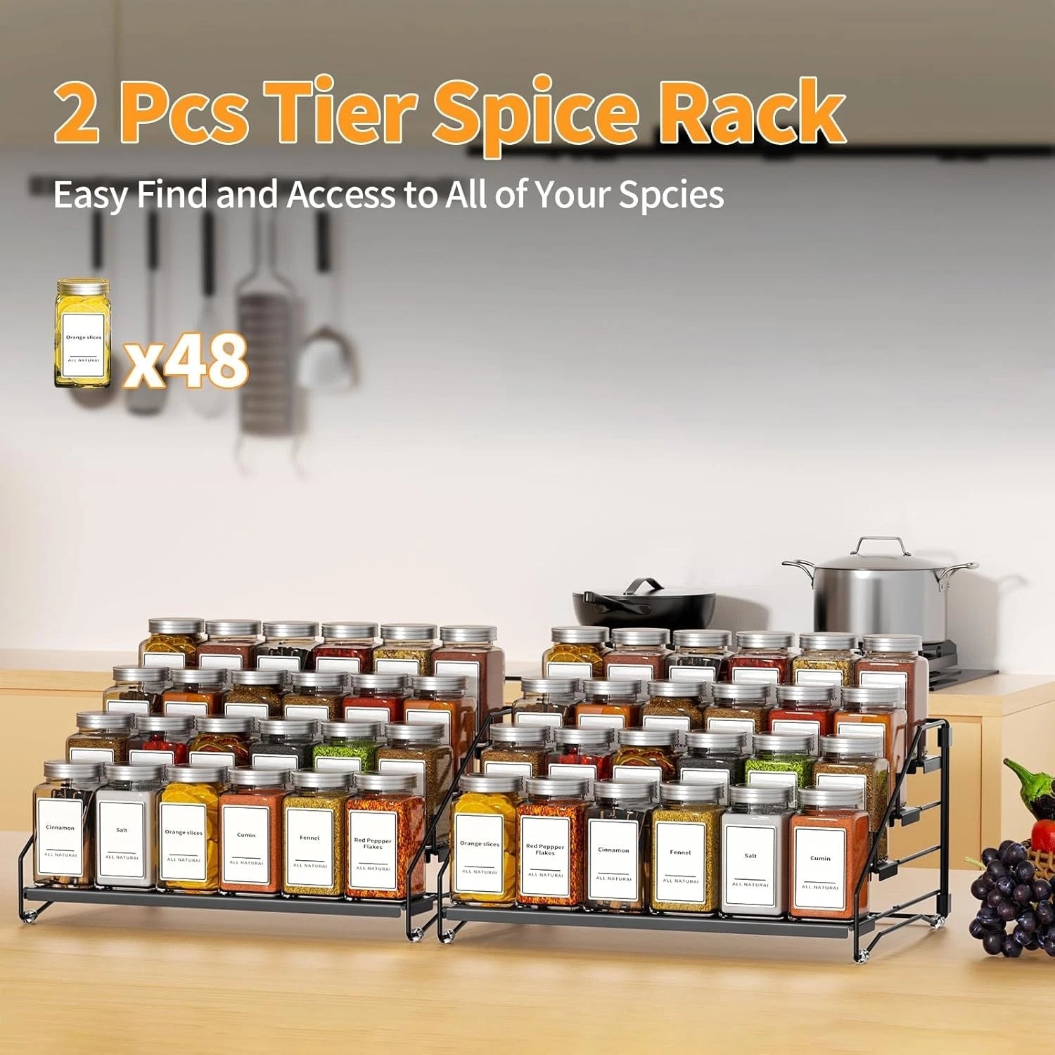 4 Tier Spice Rack Organzier, Spice Rack for Cabinet, Adjustable Depth Seasoning 07FC0E-D4 - KOEEK