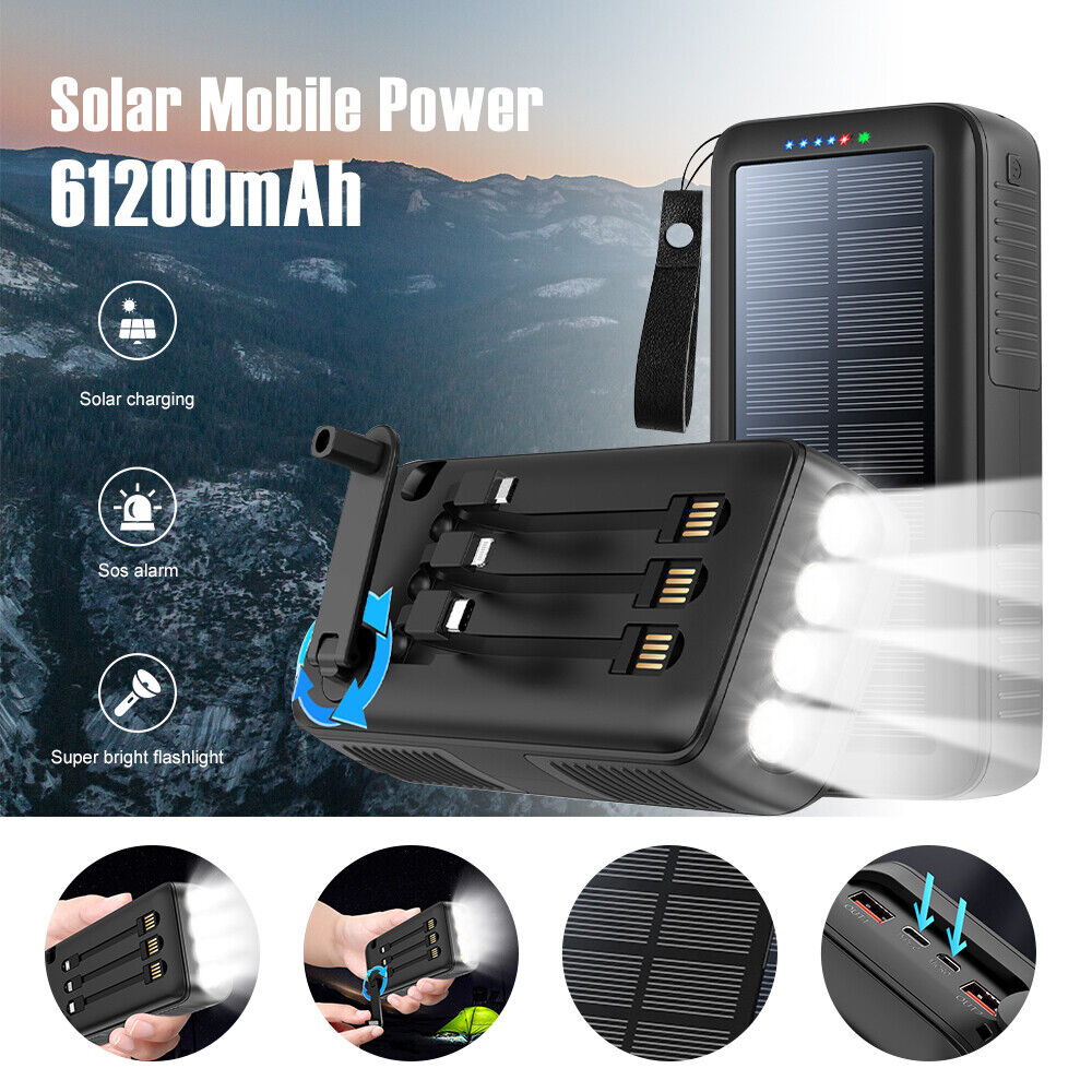 ny 61200mAh håndsveiv Solar Power Bank Telefonlader Eksternt batteri LED-lys US