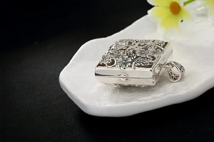 Large Openable Amulet Box Pendant Hollow Plum Blossom Square Storage Necklace 07FC0E-D4 - KOEEK