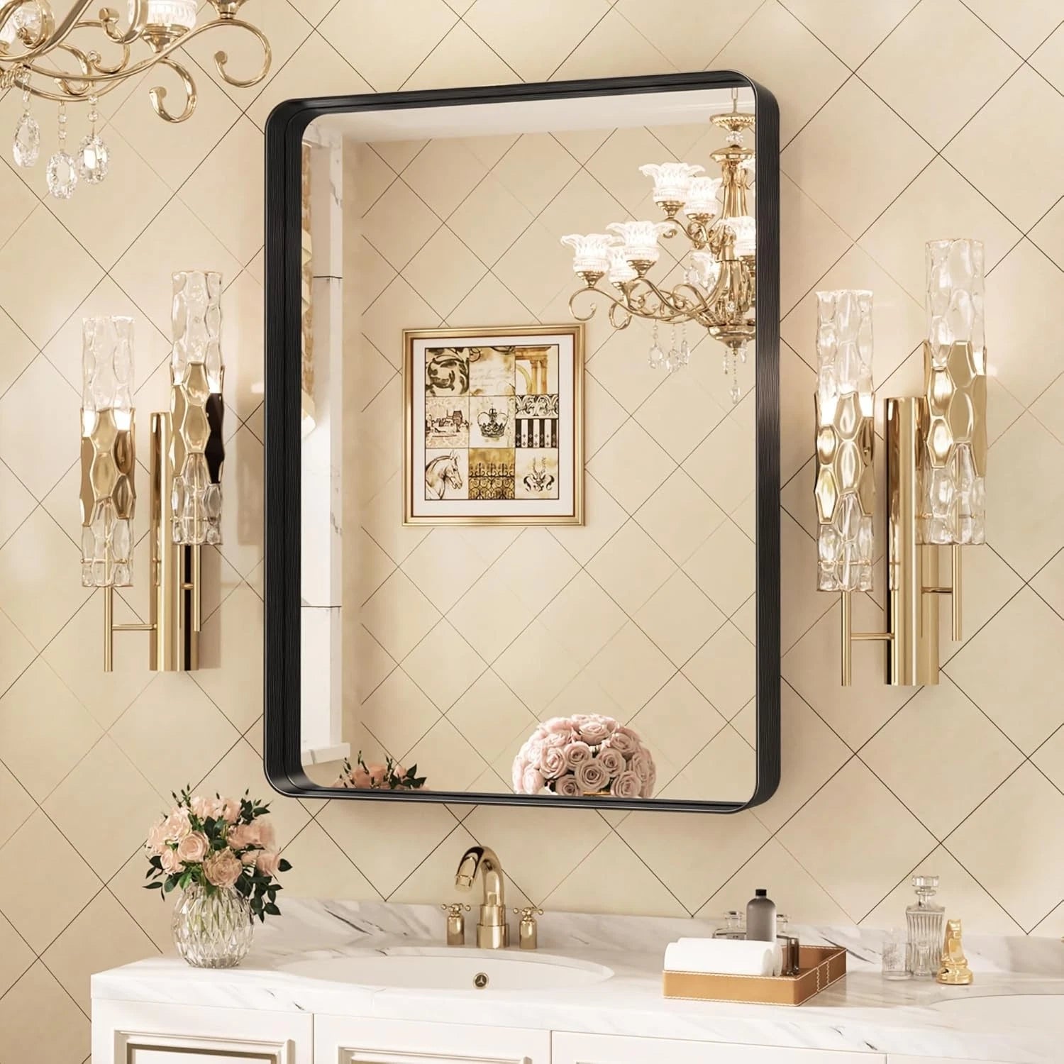 Bathroom Mirror,24" x 36"Wall Mounted Vanity Brushed Rounded Corner Metal Framed 07FC0E-D4 - KOEEK