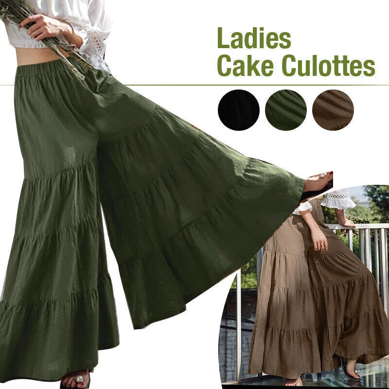 Vintage Solid Womens Wide Leg Elegant Casual Long Pants Elastic Waist Trouser 07FC0E-D4 - KOEEK